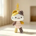 Cute patchwork cat plush keychain pendant, soft fabric kitten bag charm with yellow clasp. - 13cm / Yellow