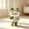 Cute green checkered cat plush doll keychain, soft fabric bag pendant and adorable toy charm. - 13cm / Green