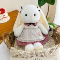 Cute white long-eared rabbit plush doll wearing a pink plaid dress in a woven basket - 30cm / Female Style