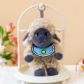 Adorable curly beige sheep plush toy pendant with blue bib for backpack or office desk decor - Charm / Yellow Sheep Black Face / 15cm