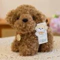 Detailed SKU view of a cute curly brown plush poodle toy dog with orange collar and tag - Teddy Dog / 15cm