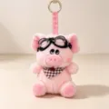 Cute pink plush pig keychain featuring vintage aviator goggles and plaid bandana - 15cm / Pink Pig