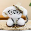 Portachiavi peluche cagnolino bianco con occhiali e cappello a quadri accessorio - Caffè Scuro