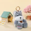 Cute grey and white plush husky dog keychain charm ornament with small 'Happy' tag - Westie