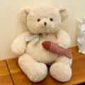 Ours en peluche beige bouclée avec jouet poisson, cadeau déco intérieur chaleureux - 35cm / Champagne