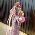 Kawaii pink ping pong paddle keychain with lace ribbon and braided cord for bags - Pink