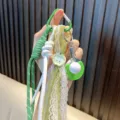 Creative green table tennis keychain with lace ribbon and apple charm for bag decor - Green
