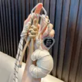 Elegant beige leather croissant keychain with heart photo frame and braided rope - White
