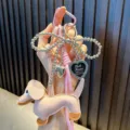 Pink leather dachshund sausage dog keychain with heart photo frame and bead bow - Pink