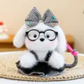 Simpatico portachiavi cane in peluche bianco con occhiali e fiocco a righe accessorio - Righe Nere