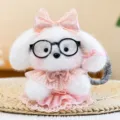 Cute white plush dog keychain pendant with black glasses and pink lace dress outfit - Pink Mix