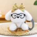 Adorable white puppy plush keychain wearing glasses and a striped yellow bow. - Yellow Stripe