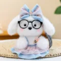 Cute white plush puppy keychain wearing glasses and a blue lace dress - Blue Dress Pink Sand