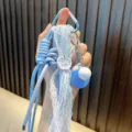Cute blue table tennis racket keychain with light blue lace and apple button decoration - Blue