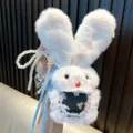 Cute fluffy plush rabbit keychain with pearl chain and blue strap, soft bunny pendant toy gift. - Blue