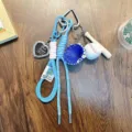 Sporty blue braided rope baseball keychain with glove, bat and heart photo frame charm - Blue
