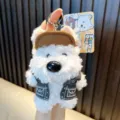 Adorable porte-clés en peluche chien Scottie blanc avec gilet en jean et casquette marron - Noir