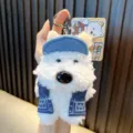 Adorable porte-clés en peluche West Highland White Terrier avec tenue en denim chic - Bleu