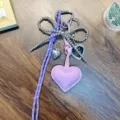Premium purple PU leather heart keychain with bead bow charm for bags and phone cases - Purple