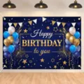 Happy Birthday backdrop banner with navy blue and gold balloon print for party decorations - 95x75cm