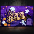 Vibrant Halloween-themed Happy Birthday party backdrop with cute ghost and pumpkin elements - Halloween Ghost Pumpkin Birthday Party Backdrop (SBJ-002) / 95x75cm