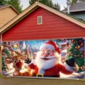 Festive Christmas garage door banner with cute Santa Claus and reindeer outdoor decor - Cartoon Santa and Reindeer Background (CK-009) / 400x180cm