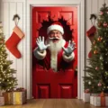 Festive Christmas door cover mural with 3D Santa Claus design for home entrance holiday decor - 90x180cm / Santa Claus Breaking Through Pattern (ML-008)