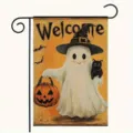 Halloween Gartenflagge mit süßem Geist und Kürbis sowie Willkommensgrüßen - Willkommen Geist Hexenhut Stil (Q-011) / 30x45cm