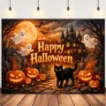 Halloween party backdrop featuring cute ghosts, glowing pumpkins, and a black cat - Halloween Ghost Pumpkin Style (SBJ-003) / 95x75cm