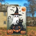 Halloween Gartenfahne doppelseitig mit süßem Geist, Katze und Kürbis Dekoration - Hexenhut Geist Schwarze Katze Stil (Q-005) / 30x45cm