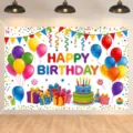Vibrant Happy Birthday backdrop banner featuring colorful balloons, gifts, and cake designs - Style (SBJ-004) / 95x75cm