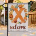 Drapeau de jardin d'automne avec citrouille et feuilles d'érable, bannière Welcome - Style Couronne de Citrouille Lettre (Q-004) / 30x45cm