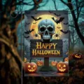 Halloween Gartenfahne mit Totenkopf, Fledermäusen und leuchtenden Kürbissen Dekoration. - Skelett Mond Kürbis Stil (Q-008) / 30x45cm