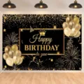 Elegant black and gold Happy Birthday backdrop banner with balloons and fireworks - Black and Gold Theme (SBJ-003) / 95x75cm