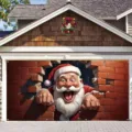 Festive Christmas garage door banner featuring a funny Santa Claus peeking through brick wall - Peeking Santa Style (CK-017) / 400x180cm