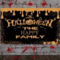 Halloween decorative party backdrop banner with happy family and pumpkin design on brick wall - Halloween Theme (SBJ-005) / 95x75cm