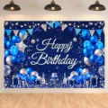 Blue and silver Happy Birthday banner backdrop with balloons, gift boxes, and flags print - Blue and Silver Balloon Celebration Style (SBJ-002) / 95x75cm