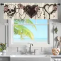 Cantonnière de cuisine gothique avec tête de mort, roses roses et cœurs pour Halloween - 138x45cm / CM-001 Blanc Gothique Crâne Rose
