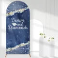 Premium blue denim print arched backdrop cover featuring Denim and Diamonds party theme text - Blue Denim Patchwork Print (Polyester) / 50x120CM