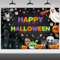 Festive Halloween party backdrop featuring cute ghosts, pumpkins, and Happy Halloween text - Style 1 / 95x75cm