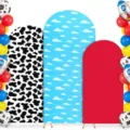Arch Backdrop Cover Set Cow Print Sky Red with Balloons for Baby Birthday Party Decor - Sky Cloud Cow Print Style (SGX-001) / Polyester Fabric