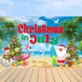 Vrolijke Christmas in July strand achtergrond banner met kerstman en tropische palmbomen - SBJ-001 / 95x75cm