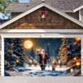 Grande striscione natalizio per porta del garage con Babbo Natale e renne nella neve - Babbo Natale con Lanterna e Renna (CK-002) / 400x180cm
