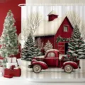 Weihnachts Duschvorhang mit Vintage Truck und verschneiter Scheune für Badezimmerdekoration - Einzelner Duschvorhang 90x180cm / Roter LKW Ländliche Schneeszene (YL-004)