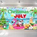 Kleurrijke Kerst in juli strand achtergrondbanner met tropische kerstman en flamingo design - SBJ-002 / 95x75cm