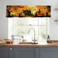 Lambrequin de cuisine d'Halloween avec motif imprimé de maison hantée et de citrouille - CM-005 Noir Château Chauve-souris Citrouille