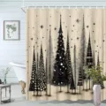 Weihnachts-Duschvorhang mit schwarzen Kiefernmustern auf cremefarbenem Hintergrund - Einzelner Duschvorhang / 90x180cm / Beige Handgezeichnete Kiefer (YL-006)
