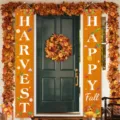 Set of two Thanksgiving porch banners featuring Happy Fall and Harvest pumpkin leaf designs - Orange Harvest Style (SDL-004) / 30x150cm Pack