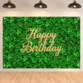 Greenery leaf hedge backdrop with gold glitter Happy Birthday text for party - Green Plant Style (SBJ-005) / 95x75cm
