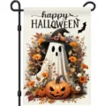 Halloween Gartenfahne mit süßem Geist, Kürbis und orangem floralem Herbstdesign - Happy Halloween Kürbis Blume Stil (Q-006) / 30x45cm